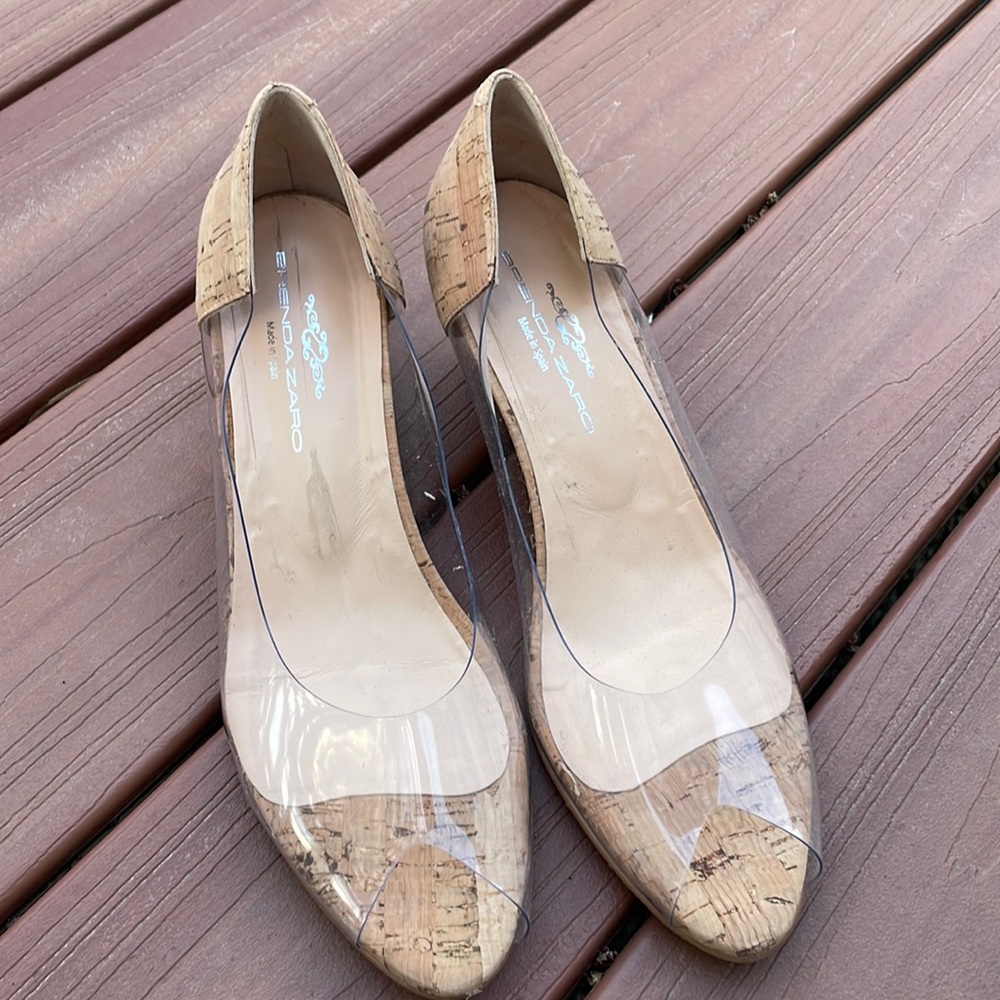 Brenda Zaro peep toe vinyl and cork wedge shoe.  Size 40.